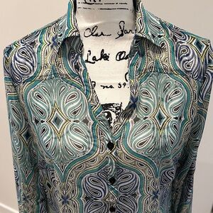 New York & Company Green and Blue Patterned Blouse